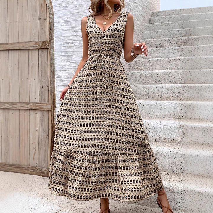 Women's Maxi Dress - V-Neck - Sleeveless - Adjustable Waist - Tiered Flowy Skirt