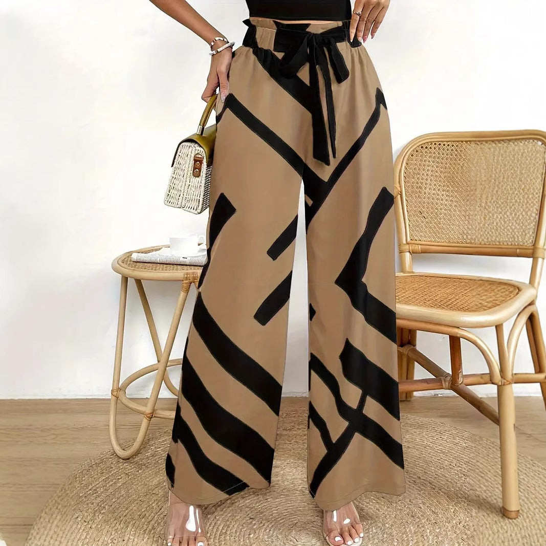 Women’s Wide-Leg Pants – High Waist – Breathable Blend – Graphic Pattern – Belted Fit
