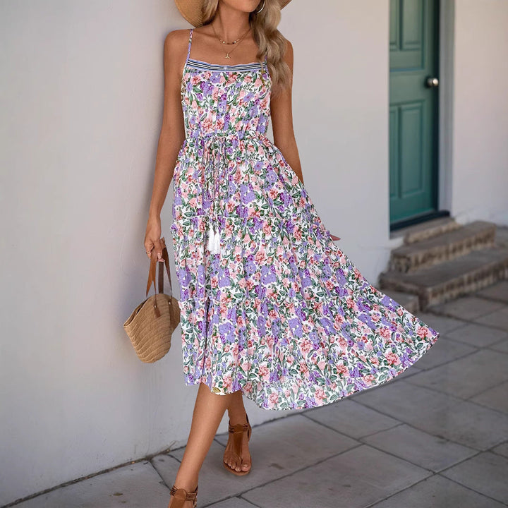 Women’s Maxi Dress - Floral Print - Spaghetti Strap - Drawstring Waist - Flowing Fit