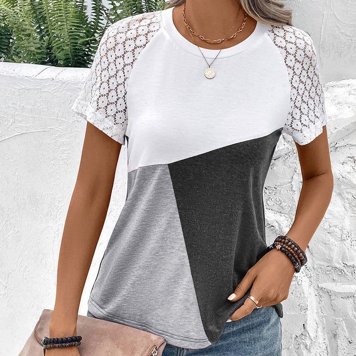 Women’s T-Shirt – Relaxed Fit – Cotton Blend – Lace Sleeve – Round Neck – Color Block