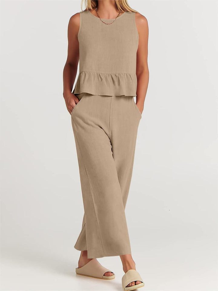Women’s Two-Piece Set – Sleeveless Peplum Top – Wide-Leg High-Waist Pants – Lightweight Breathable