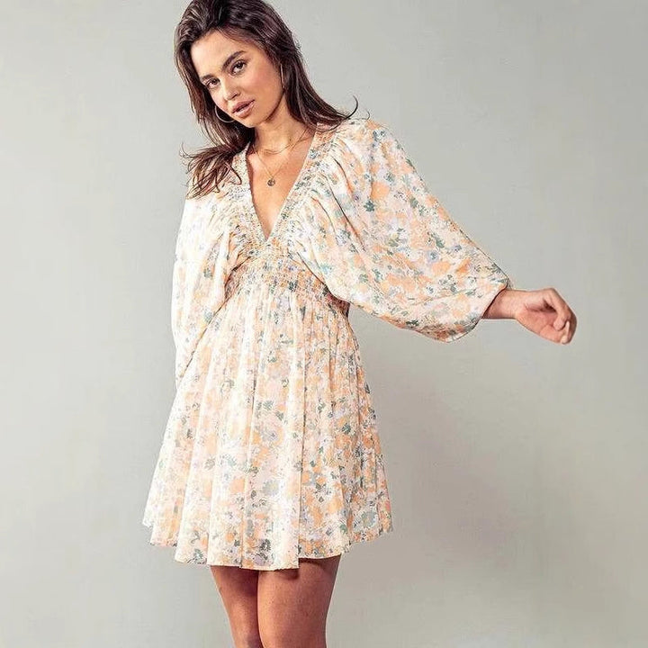 Women’s Mini Dress - Floral Print - V-Neck - Long Sleeve - Flowy Lightweight Fit