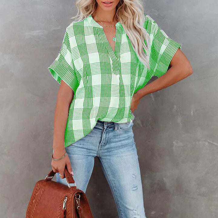 Women’s Blouse – Relaxed Fit – Cotton – Checkered Pattern – Short Sleeve – Casual Wear