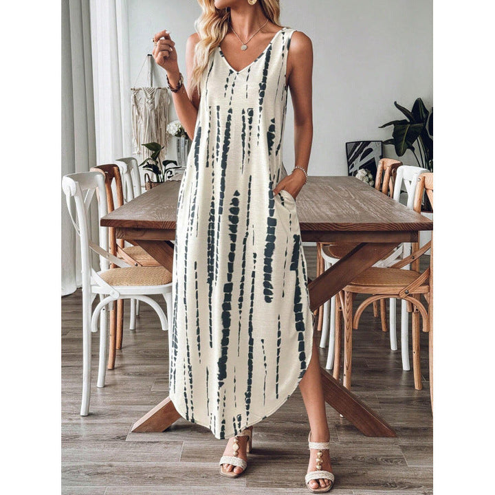 Women’s Maxi Dress – Relaxed Fit – Sleeveless V-Neck – Cotton – With Pockets