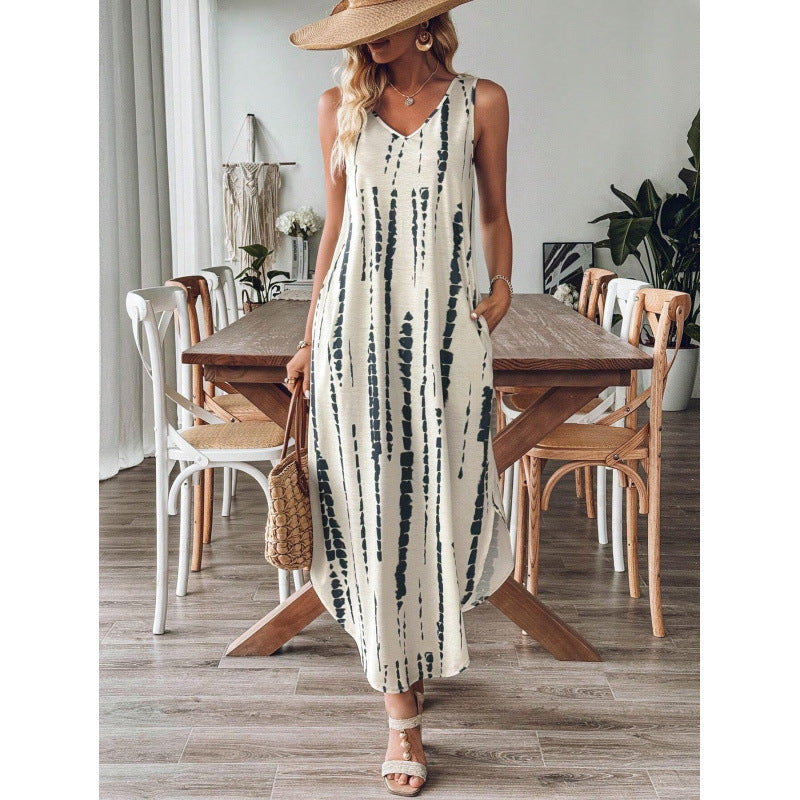 Women’s Maxi Dress – Relaxed Fit – Sleeveless V-Neck – Cotton – With Pockets