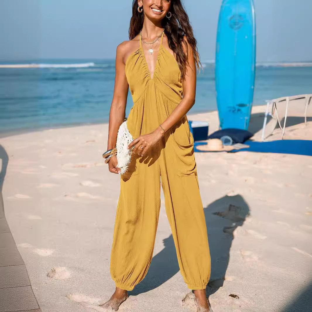 Women’s Halter Jumpsuit – Ruched Bodice – Fitted Waist – Wide Leg – Open Back