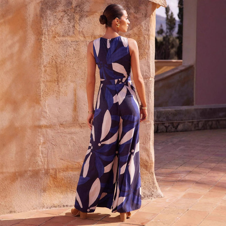 Women’s Sleeveless Jumpsuit – Wide Leg – Waist Belt – Geometric Pattern – Round Neck