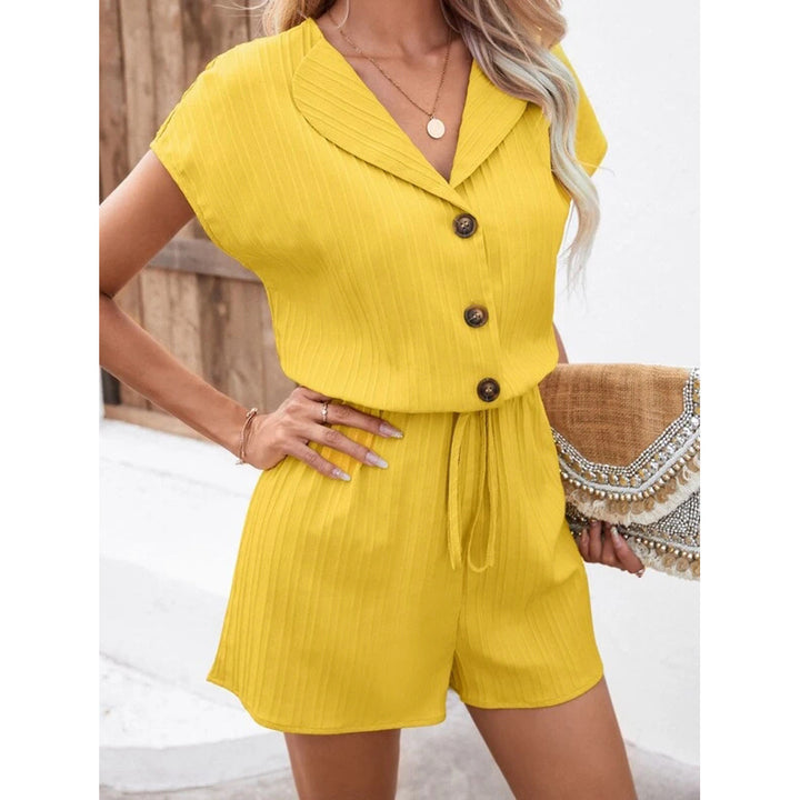 Women’s Romper - Relaxed Fit - Short Sleeve - Drawstring Waist - Notched Collar - Button Front