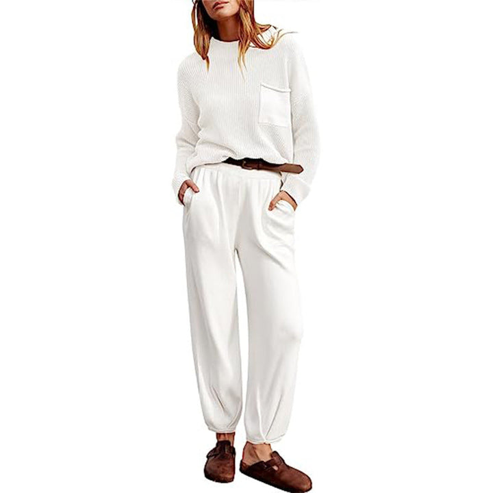 Women’s Two-Piece Loungewear Set – Knitted Long Sleeve Top – Elastic Waist Jogger Pants