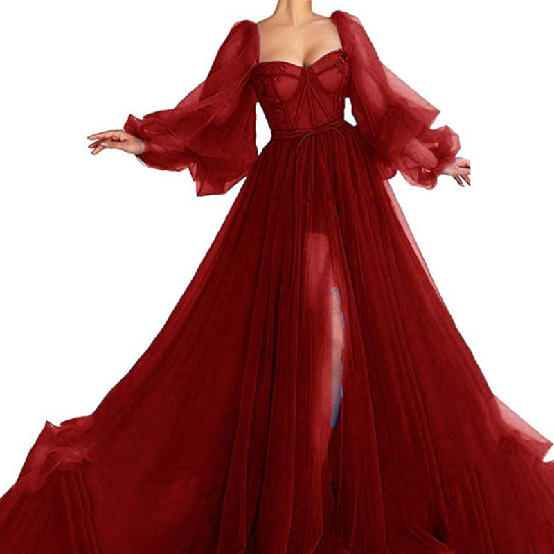 Women’s Evening Dress – Luxury Tulle – Sweetheart Neckline – Voluminous Sleeves – Side Slit