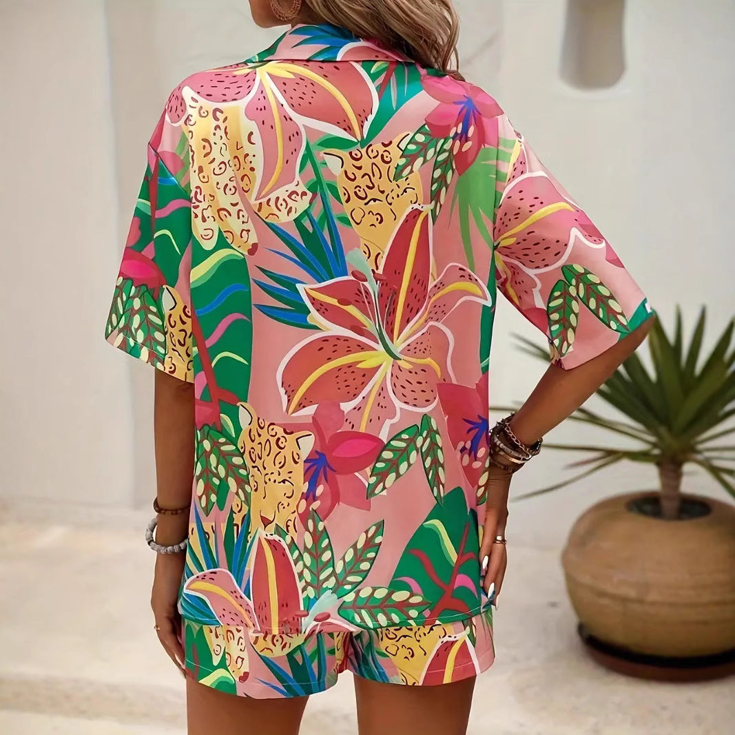 Women’s Two-Piece Set – Relaxed Fit Button-Up Shirt & Shorts – Lightweight Breathable Fabric