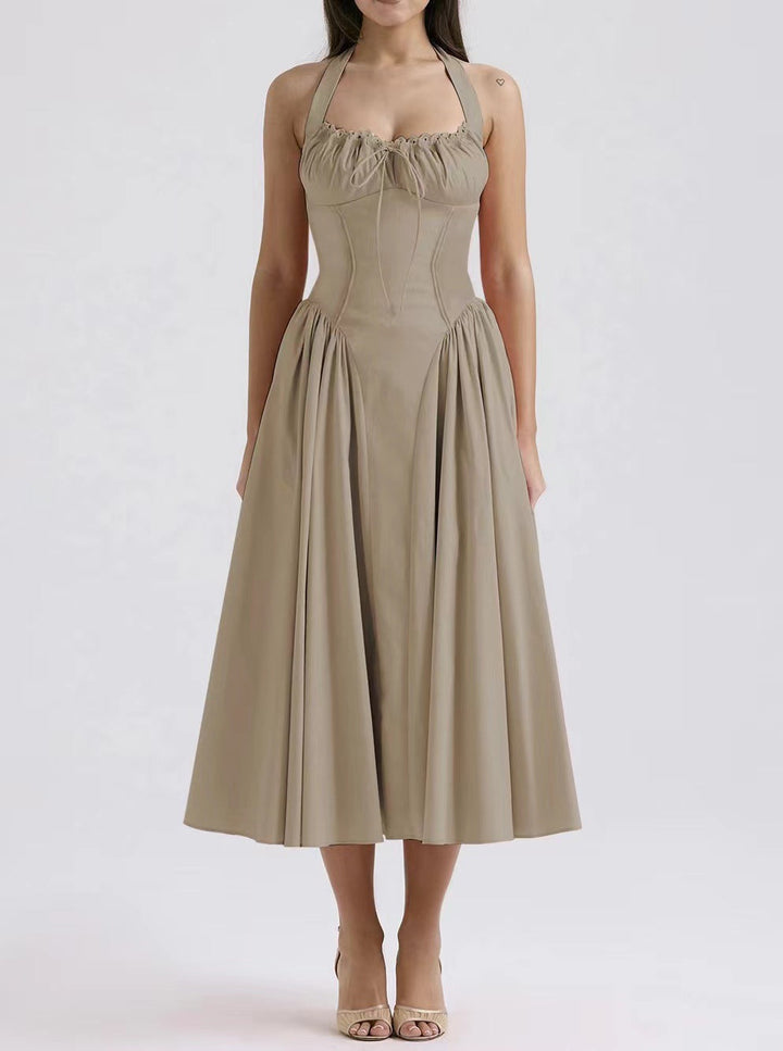Women’s Halter Neck Dress – Satin Feel – Fitted Bodice – Gathered Bust – Midi A-Line Skirt