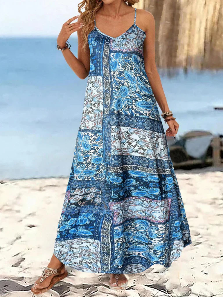 Women’s Maxi Dress – Cotton – Relaxed Fit – Sleeveless Spaghetti Strap – Floral Print
