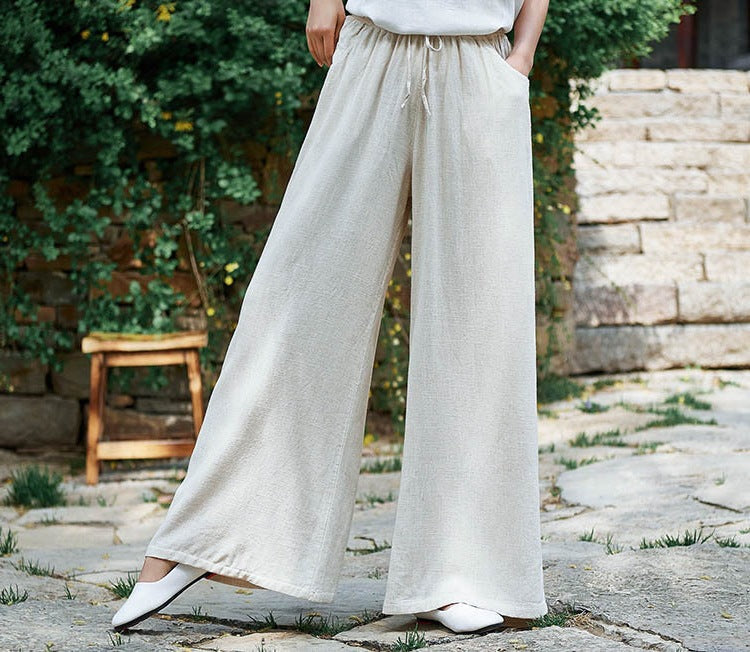 Women’s Wide-Leg Pants – Linen Blend – Relaxed Fit – Elastic Drawstring Waist – With Pockets