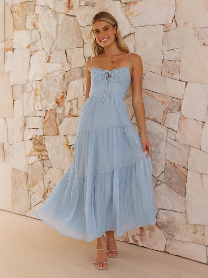 Women’s A-Line Dress – Lightweight Fabric – Spaghetti Straps – Tiered Skirt – Keyhole Neckline