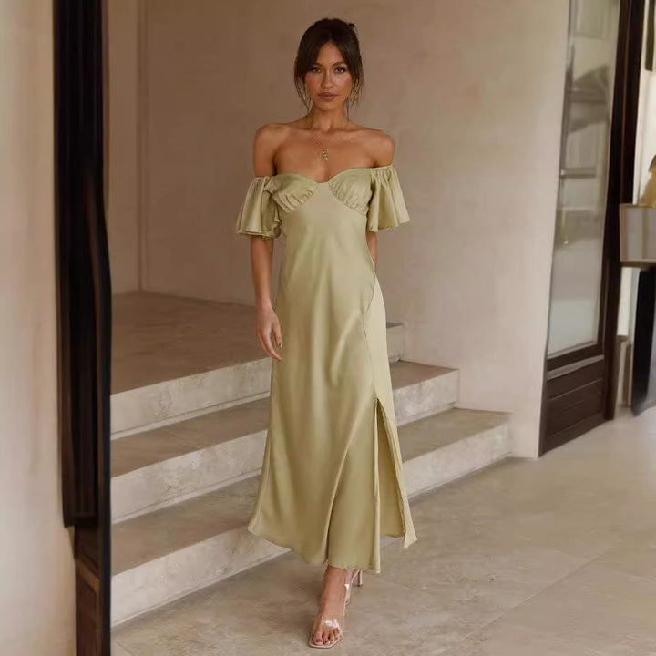 Women’s Midi Dress – Off Shoulder – Ruffle Sleeve – Fitted Bodice – Side Slit