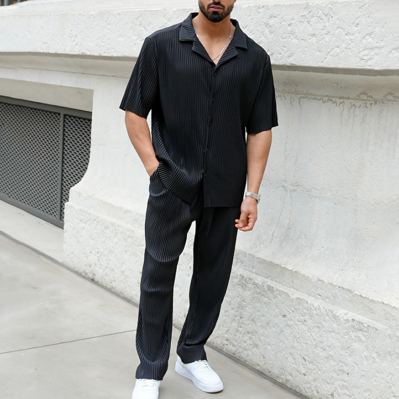 Men’s Athleisure Set – Cotton Blend – Relaxed Fit – Short Sleeve Shirt & Full-Length Pants