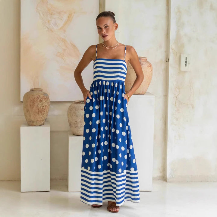 Women’s Maxi Dress – Lightweight Cotton – Spaghetti Strap – Polka Dot & Stripe Pattern – Relaxed Fit – With Pockets