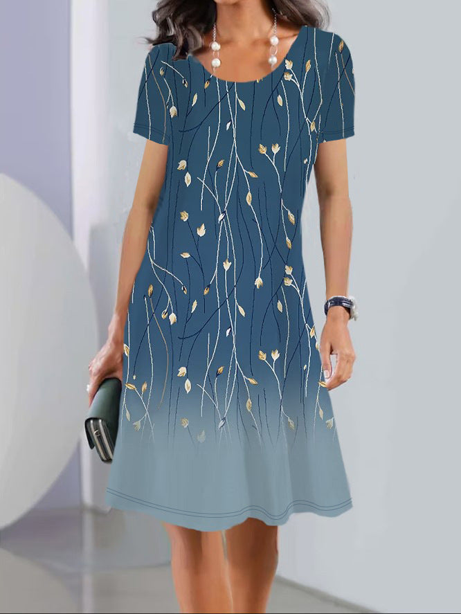 Women’s A-Line Dress – Cotton – Short Sleeve – Knee Length – Floral Print