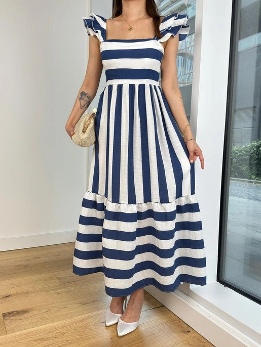 Women’s Maxi Dress – Fitted Bodice – Square Neck – Tiered Skirt – Flutter Sleeve – Striped