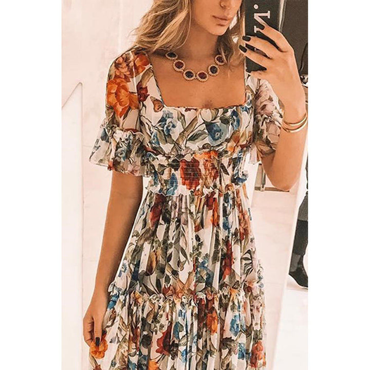 Women’s Maxi Dress - Smocked Bodice - Flutter Sleeve - Tiered Skirt - Breathable Blend