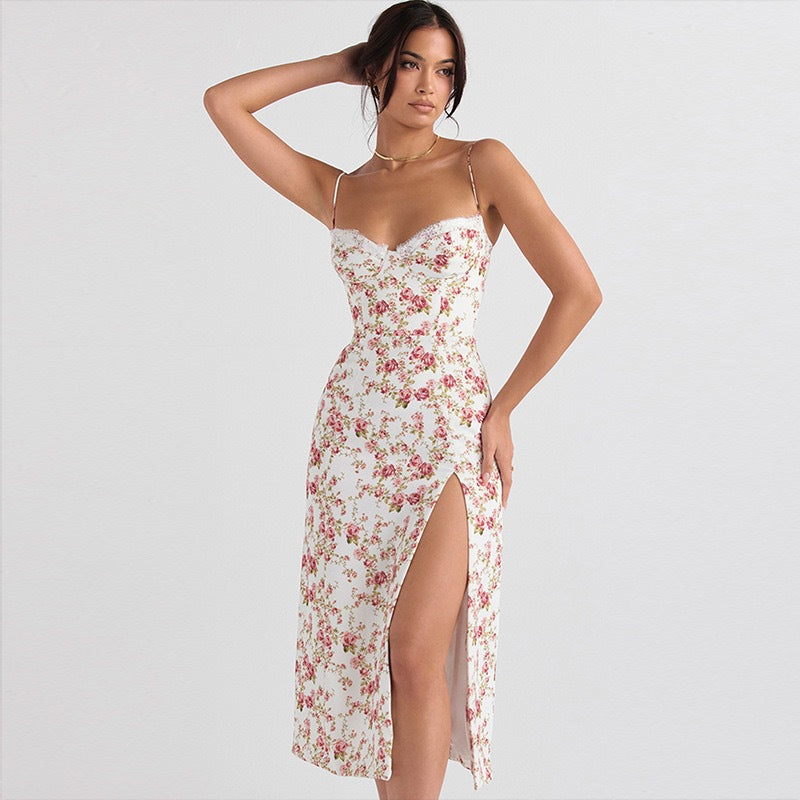 Women’s Midi Dress – Fitted Silhouette – Spaghetti Straps – Sweetheart Neckline – Front Slit