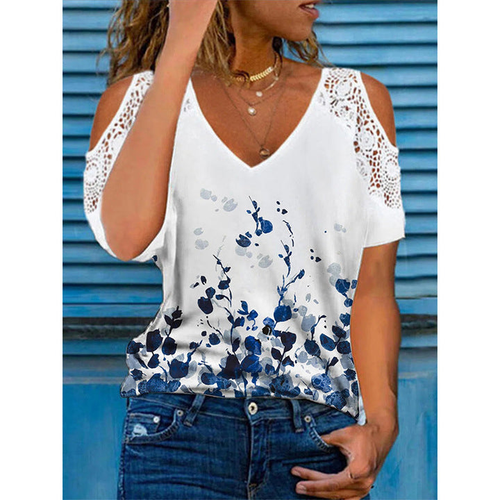 Women’s Cold Shoulder Blouse – Relaxed Fit – Lace Detail – Floral Print – Breathable Blend