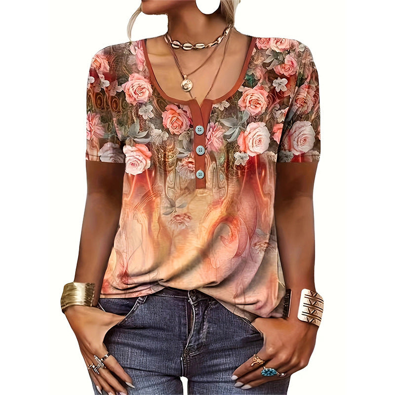 Women’s T-Shirt – Relaxed Fit – Scoop Neck with Buttons – Artistic Floral Design
