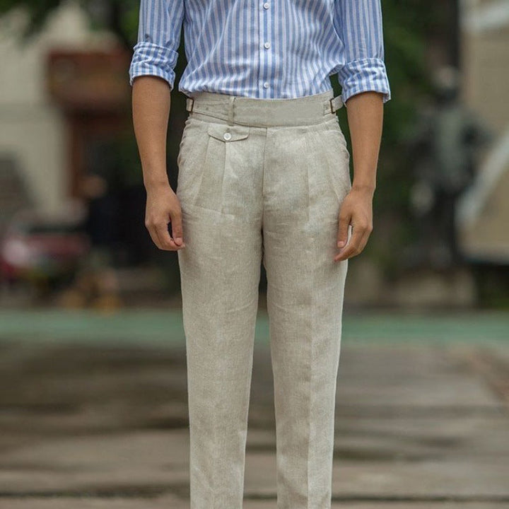 Men’s Tailored Trousers - Slim Fit - High Waist - Linen - Pleated Front - Cuffed Hem