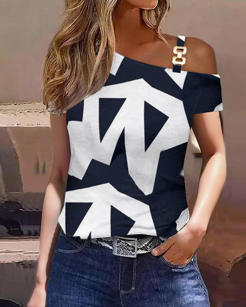 Women’s Short Sleeve Top - Relaxed Fit - One Shoulder - Cotton - Geometric Pattern