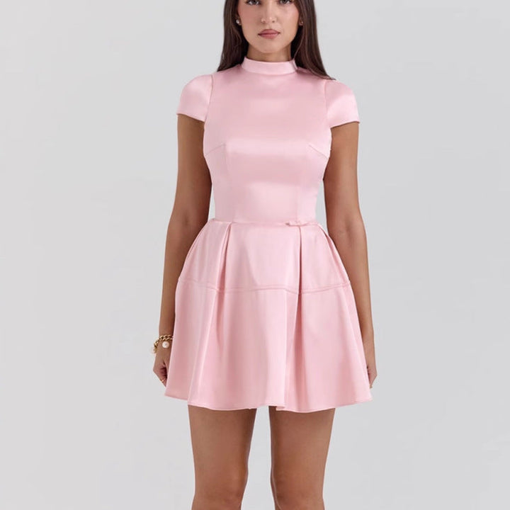 Women’s A-Line Dress – Satin Finish – High Neck – Pleated Skirt – Fitted Bodice