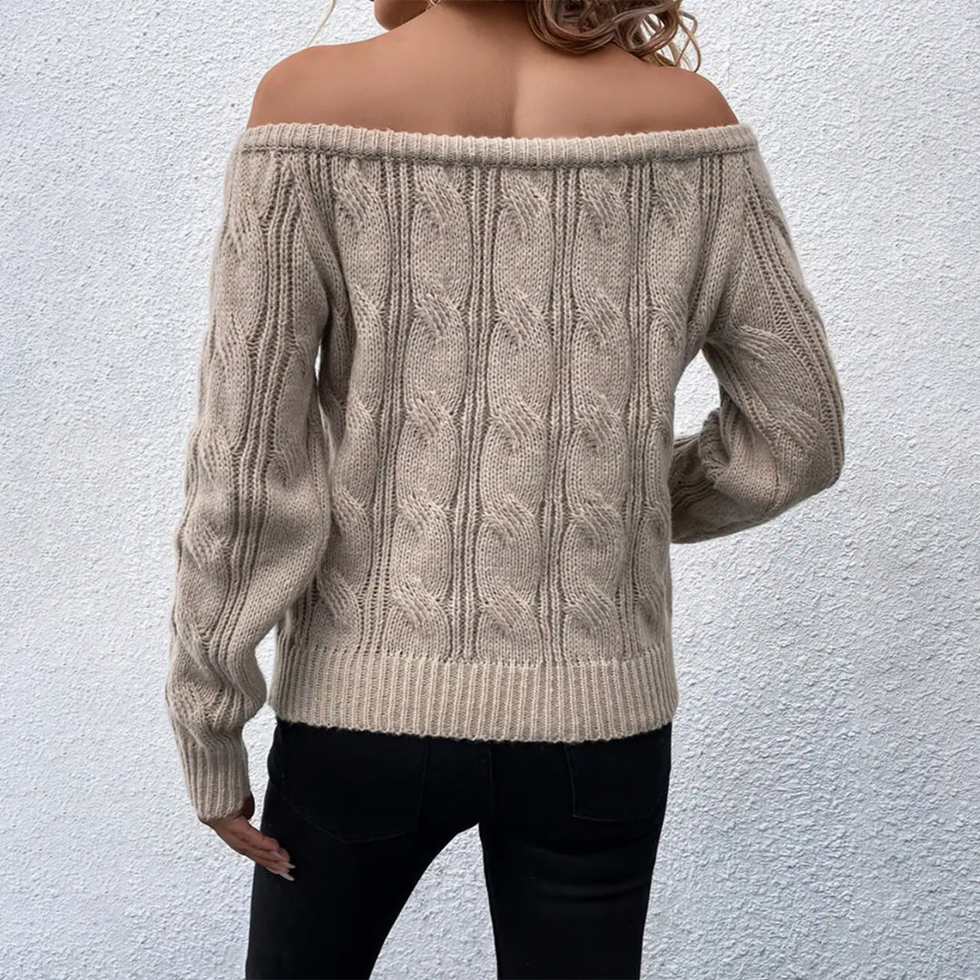 Women’s Knitted Sweater - Off Shoulder - Relaxed Fit - Cable Knit - Ribbed Cuffs & Hem