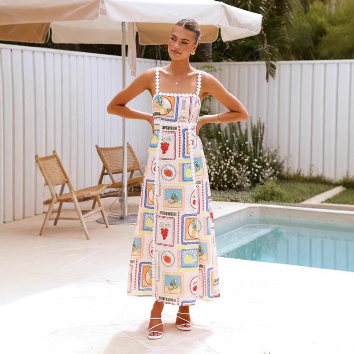 Women’s Sundress – Beaded Straps – Square Neckline – Flowy Skirt – Graphic Print