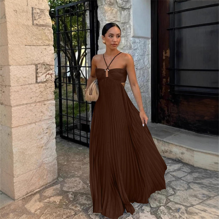 Women’s Maxi Dress - Halter Neck - Pleated Skirt - Bust Cut-Out - Flowy Fit