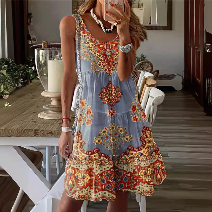 Women’s Sleeveless Dress – Flowy Fit – Scoop Neck – Tiered – Ornamental Pattern