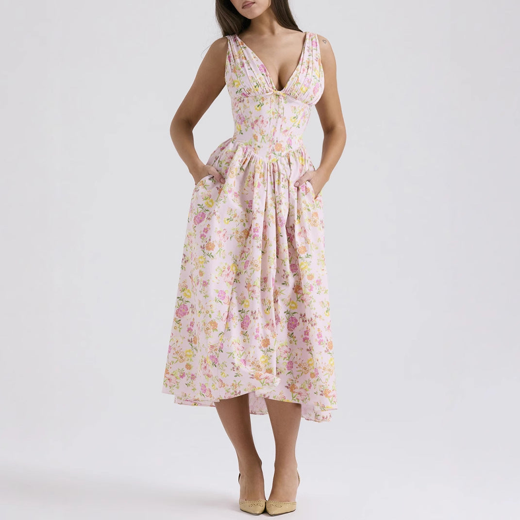 Women’s A-Line Dress – V-Neck – Lightweight Fabric – Midi Length – Floral Print