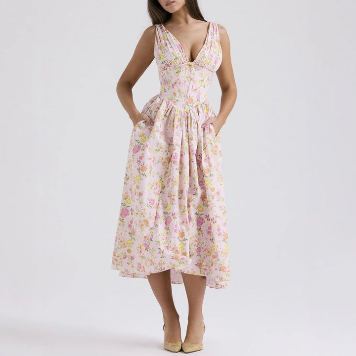 Women’s A-Line Dress – V-Neck – Lightweight Fabric – Midi Length – Floral Print