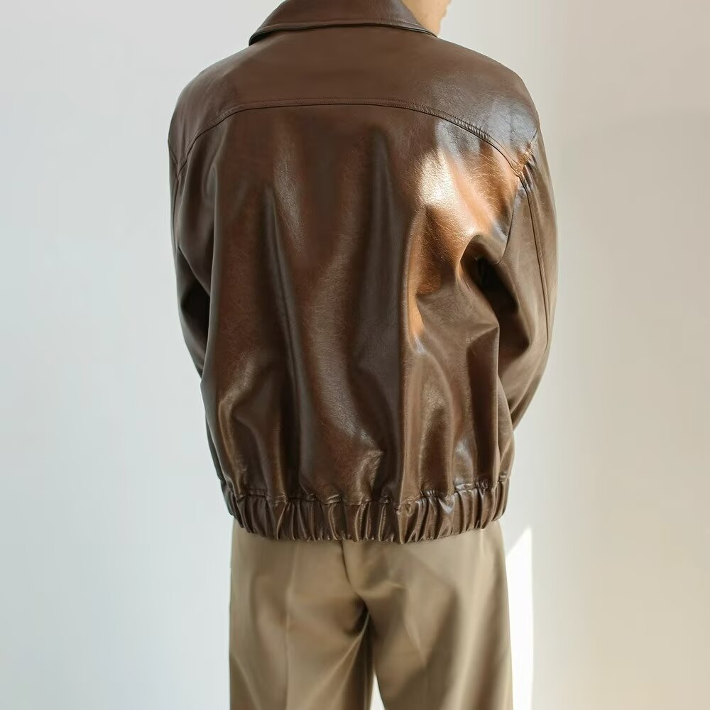 Men’s Leather Jacket - Oversized Fit - Cropped Length - Zip Front - Street Style