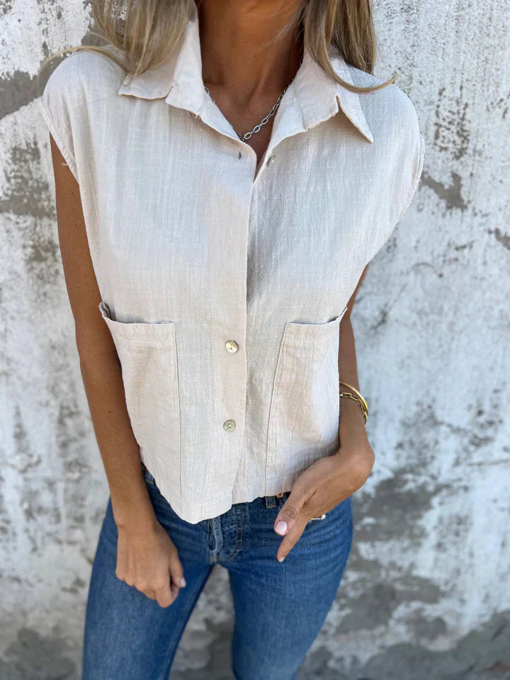 Women’s Sleeveless Top – Relaxed Fit – Button-Up – Natural Fibers – Front Pockets
