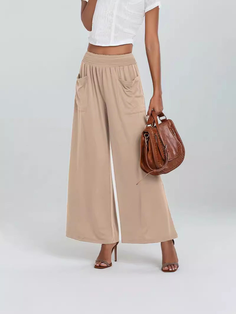 Women's Wide-Leg Pants - Elastic Waistband - Full Length - Relaxed Fit - Front Pockets