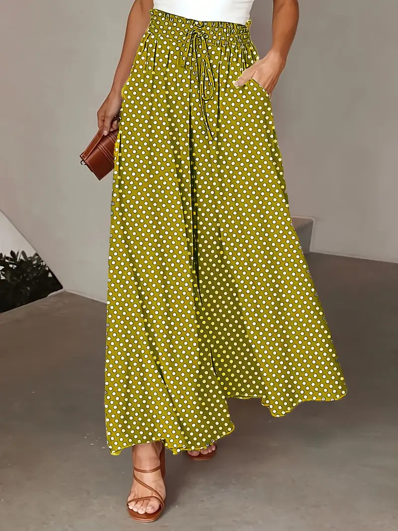 Women’s Wide-Leg Pants – Flowy Fit – Polka Dot Print – Drawstring Waist – Breathable Blend