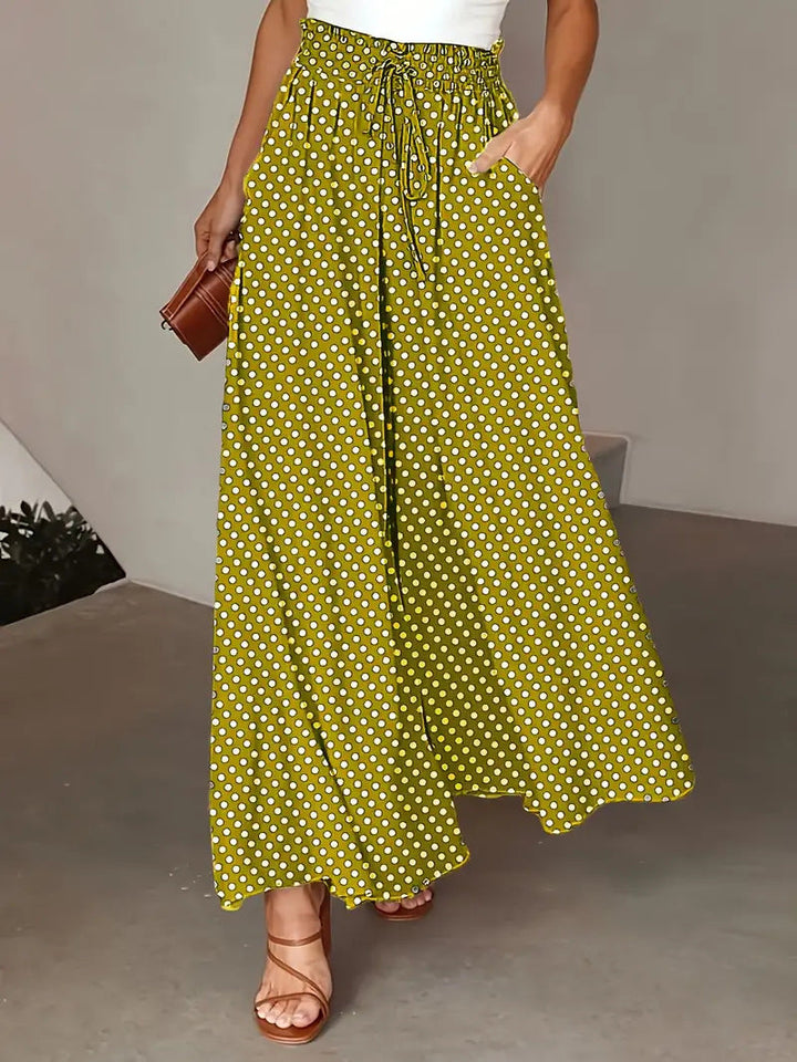 Women’s Wide-Leg Pants – Flowy Fit – Polka Dot Print – Drawstring Waist – Breathable Blend
