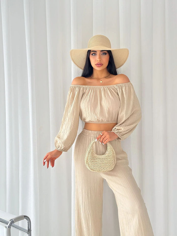 Women’s Two-Piece Set – Off-Shoulder Crop Top – Long Sleeve – High-Waist Wide-Leg Pants