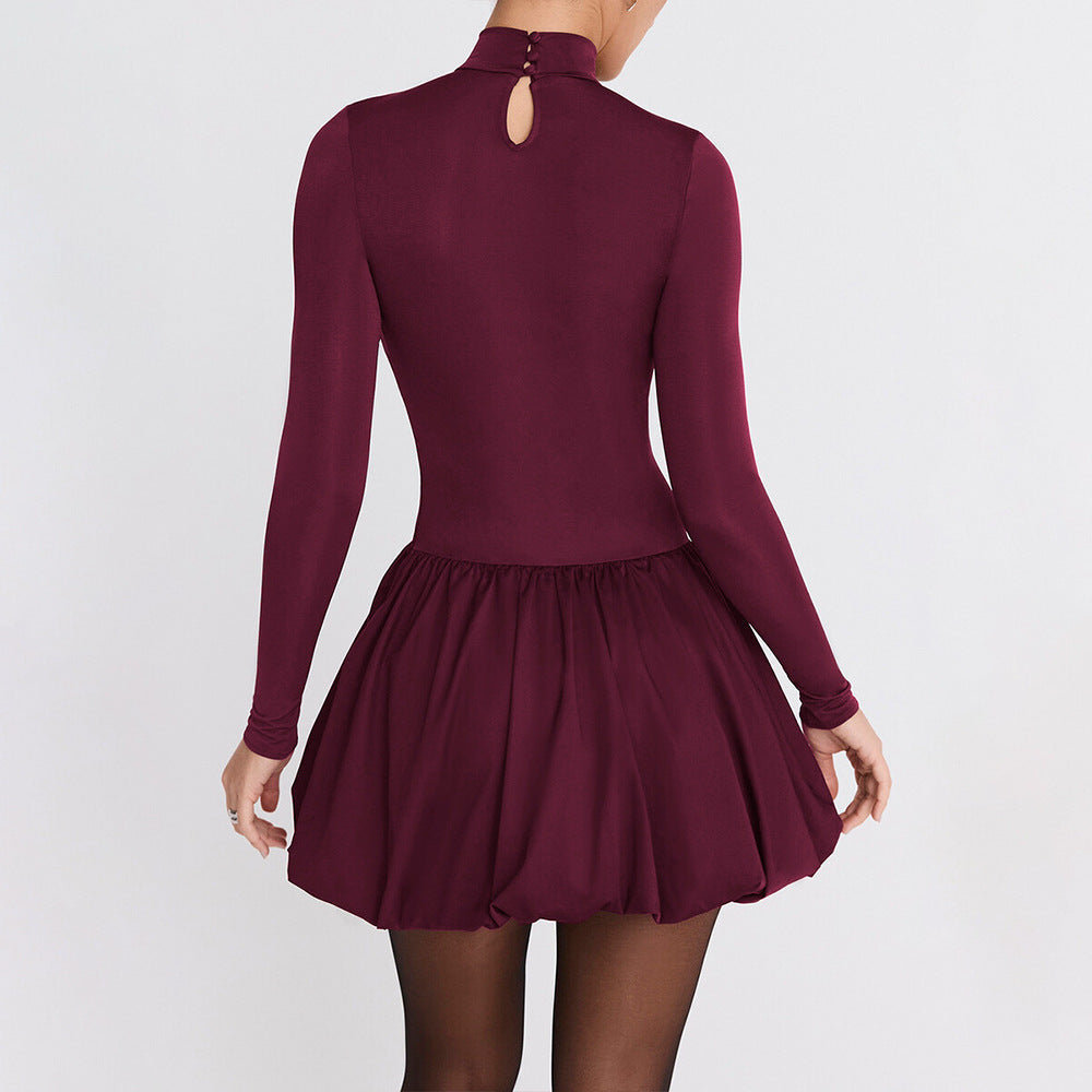 Women’s A-Line Dress – High Neck – Long Sleeve – Balloon Skirt – Slim Fit Bodice