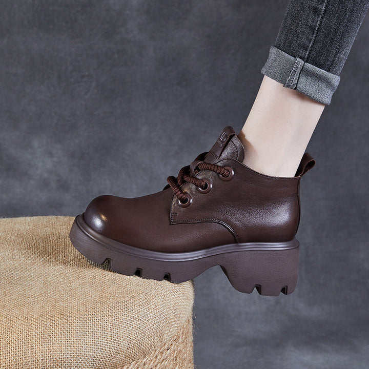 Women’s Ankle Boots – Genuine Leather – High-Top – Chunky Sole – Lace-Up Casual Style