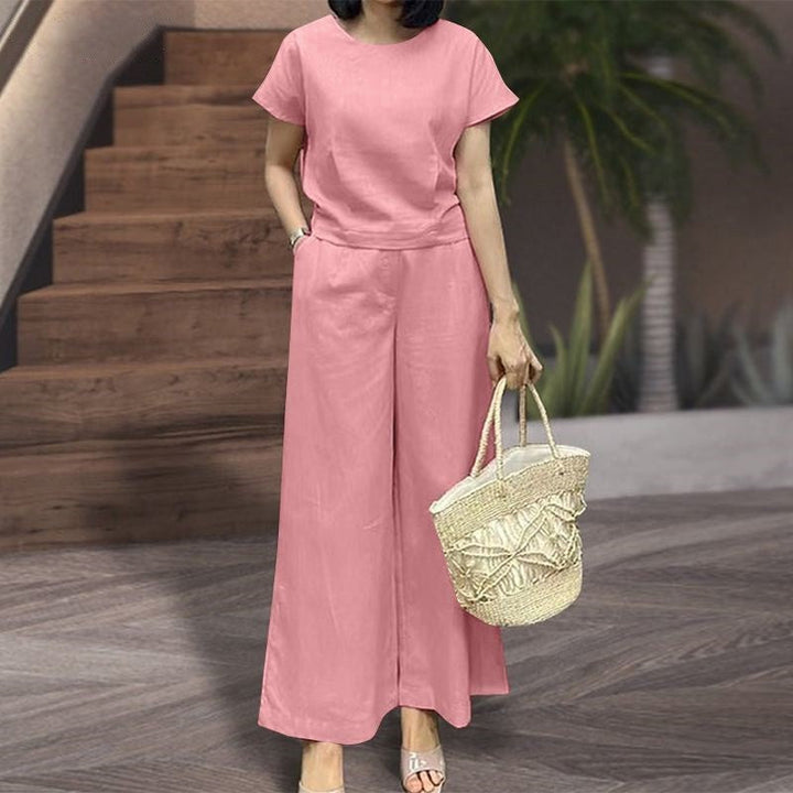 Women’s Two-Piece Set – Relaxed Fit – Soft Knit – Crew Neck Top – Wide-Leg Pants
