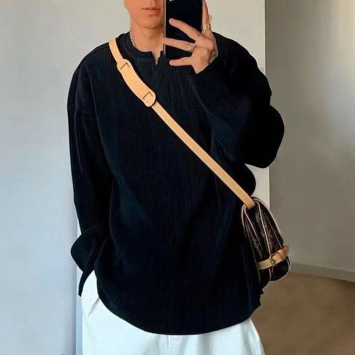 Men’s Long Sleeve T-Shirt - Ribbed Knit - Relaxed Fit - V-Neck Casual Base Layer