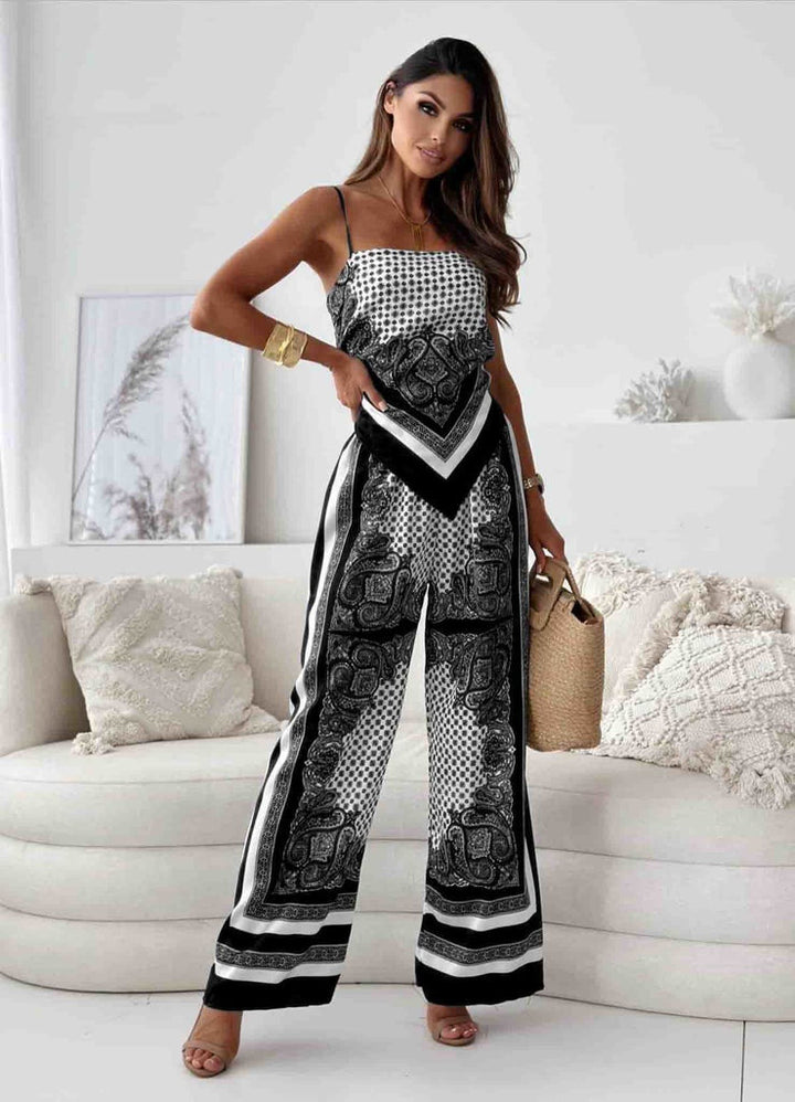Women’s Two-Piece Set – Spaghetti Strap Top – Wide-Leg Trousers – Luxury Fabric – Relaxed Fit