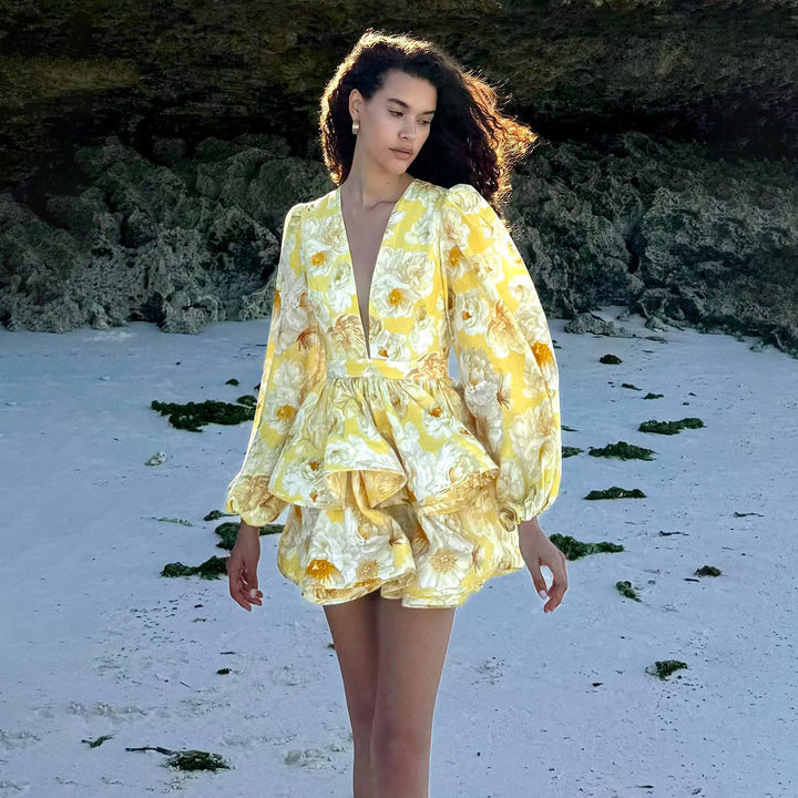 Women’s Mini Dress – Deep V-Neck – Voluminous Long Sleeve – Layered Ruffle Skirt – Floral Pattern