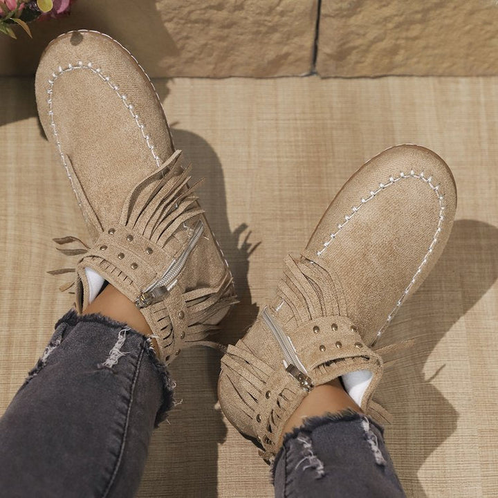 Women’s Short Boots - Suede Fringe - Metal Studded - Flat Sole - Side Zip Closure